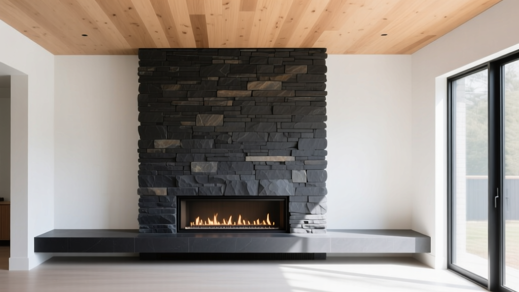 Linear gas fireplace framed by dark charcoal stacked ledge stone veneer extending to a minimalist white oak ceiling