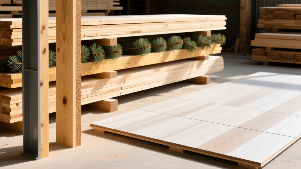 Stacked spruce-pine-fir dimensional lumber beside finished white oak flooring and engineered LVL beams in a bright lumber yard
