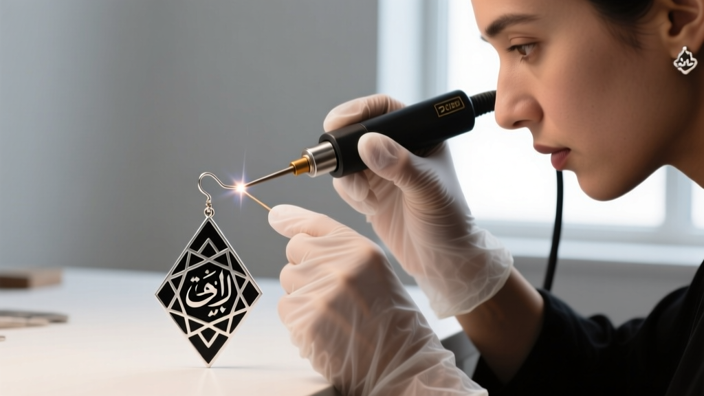 Jeweler using a laser welder to attach a delicate 20-gauge ear wire to an oxidized sterling silver Rumi geometric drop earring