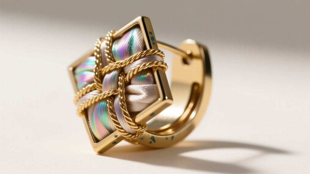 Macro photography of metallic bullion and mulberry silk threads woven into a geometric brass-backed earring under bright light.