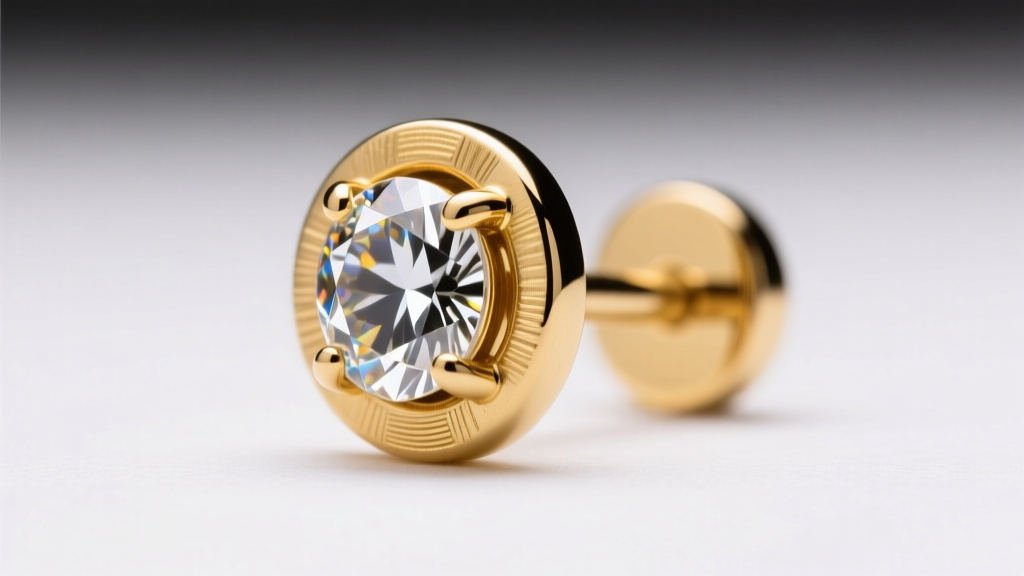 Macro shot of an 18-karat solid gold threadless push-pin earring end with a small marquise diamond under soft studio lighting.