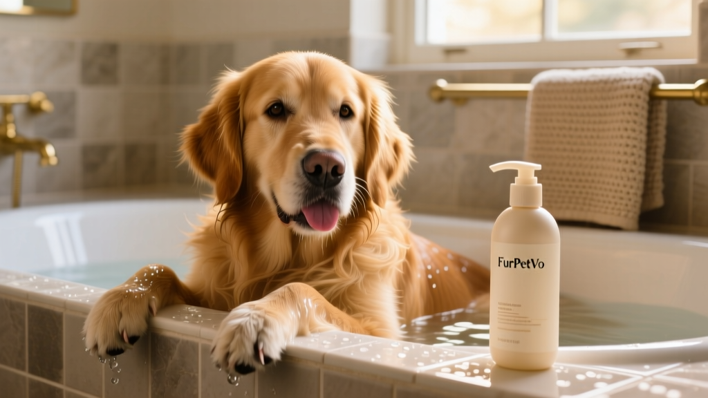 A golden retriever enjoying a gentle bath in a shallow tub with a FurPetVo shampoo bottle visible on the ledge