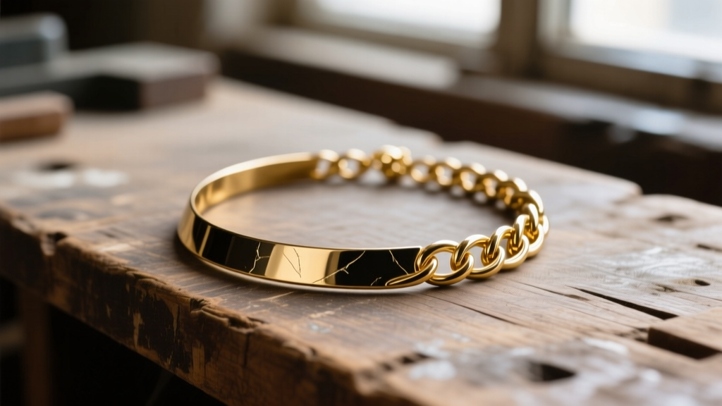 Brass prop necklace polished with a cloth, revealing bright gold metal under a dark patina on a dimly lit rustic wooden workbench.