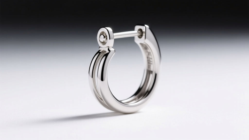 Close-up of a sterling silver earring hinge and curved omega wire, illuminated by soft studio lighting on a clean white surface.