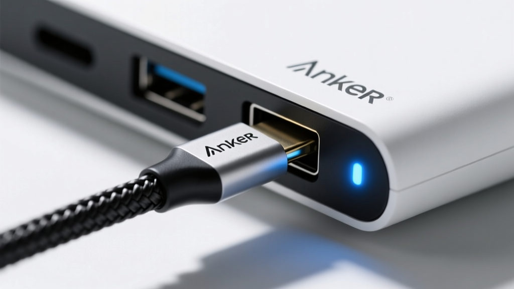 Close-up macro shot of a braided Thunderbolt 4 cable plugging into the back of an Anker Apex docking station with LED indicator.