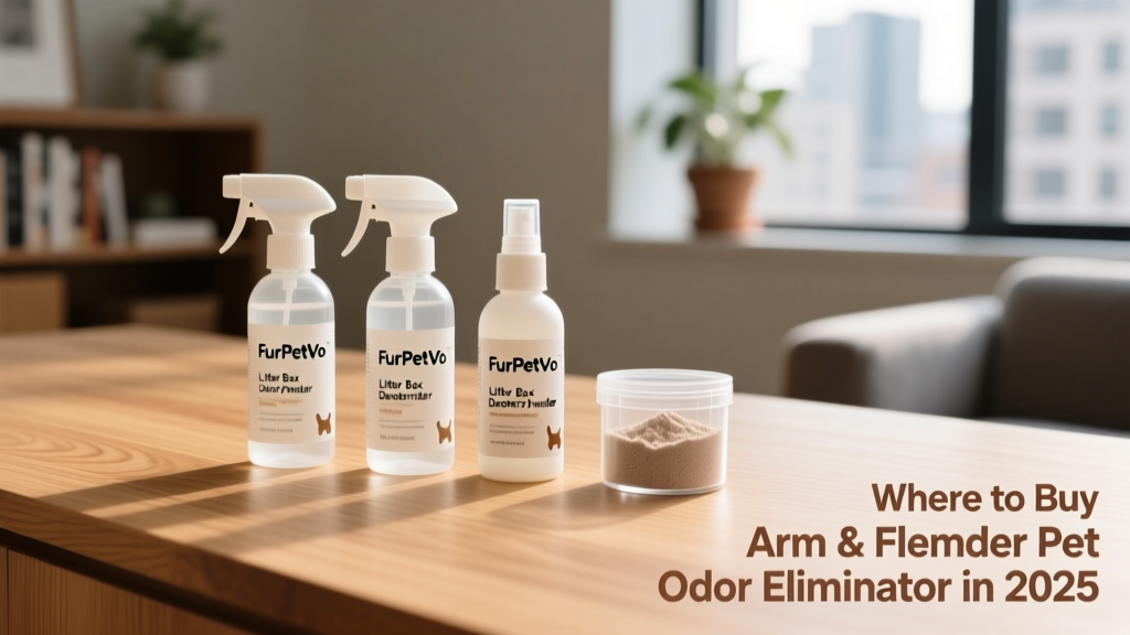Flat-lay photo of three FurPetVo spray bottles and a small container of FurPetVo Litter Box Deodorizer Powder arranged neatly on a light wood surface
