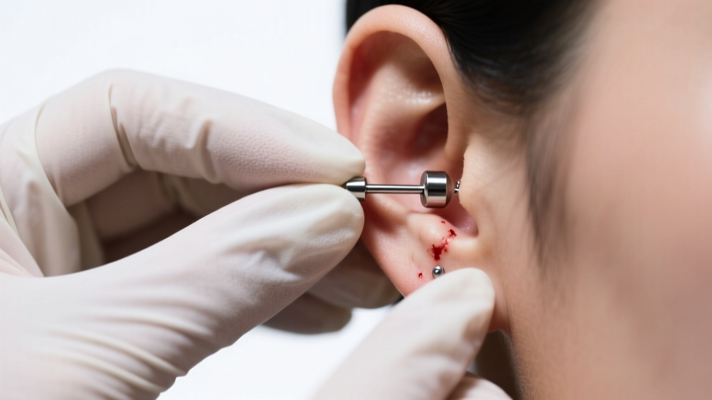 Close-up of gloved hands adjusting a flat-back titanium labret stud in a freshly pierced earlobe under bright clinical lighting.
