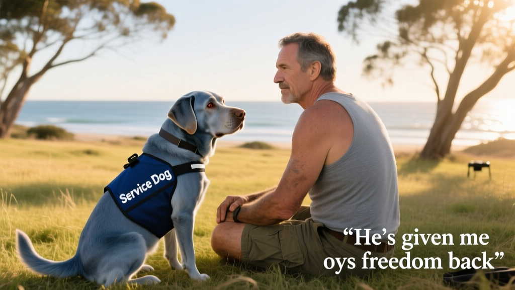 Dobby wearing his blue service vest, sitting attentively beside Paul during a training session outdoors