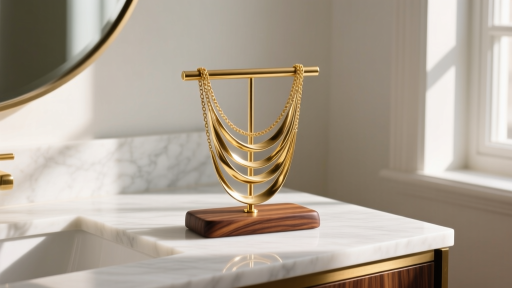 Elegant walnut and brass necklace holder display on a marble vanity, showcasing layered gold chains, soft morning lighting.
