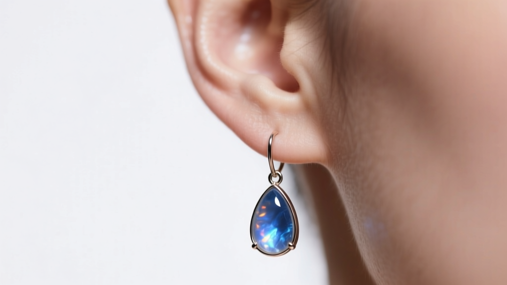 Close-up of an ear wearing a lightweight 18-gauge titanium dangling earring with a teardrop moonstone, soft natural lighting