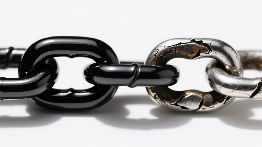 Macro comparison of a PVD coated black stainless steel chain link and an oxidized sterling silver link showing dark patina depth