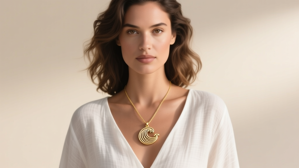 Woman wearing a layered stack with an 18-inch gold vermeil ohana pendant, styled with a white linen top against a soft backdrop.