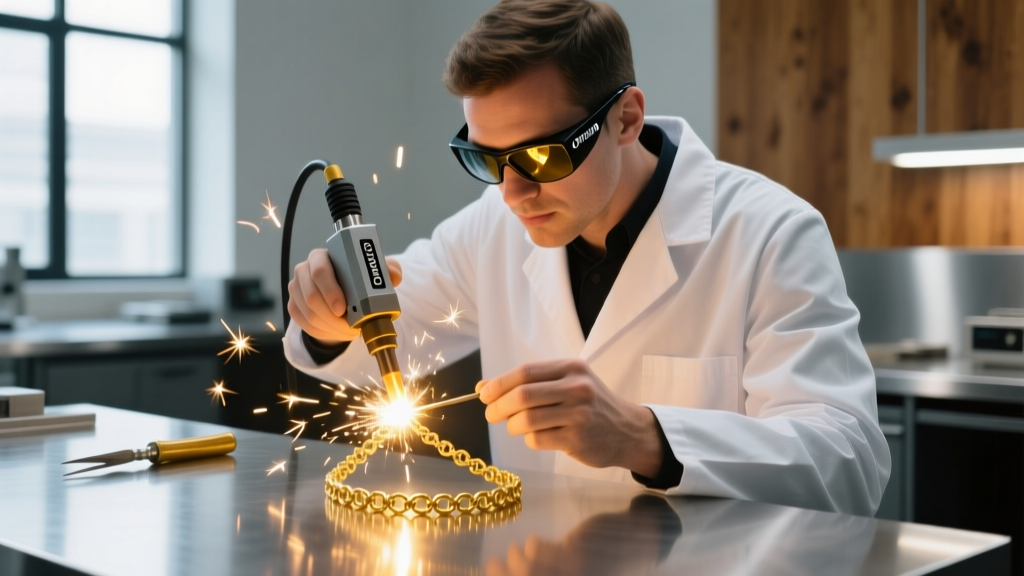 Jeweler wearing protective shade 5 safety glasses while using an Orion mPulse welder to fuse a 14k gold permanent bracelet link