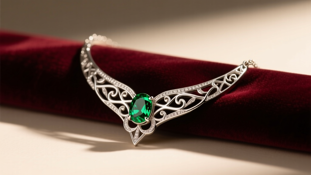 Silver Arwen Evenstar necklace on velvet, showing intricate filigree and a green peridot stone under warm studio lighting.