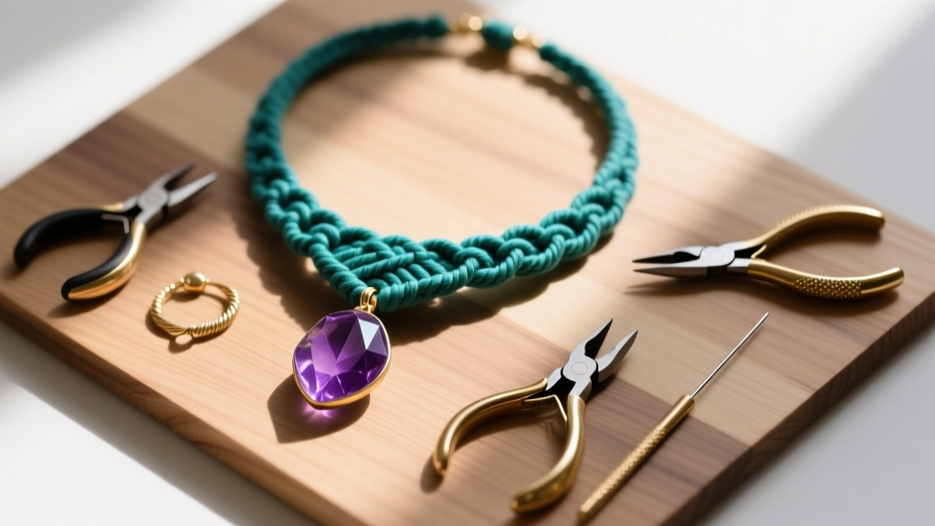 Top-down view of a teal waxed cotton macrame necklace with an amethyst pendant on a wooden mat next to brass jewelry tools