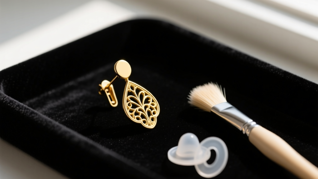 Macro shot of vintage gold paddle-back clip on earrings resting on a dark velvet tray with a soft cleaning brush and silicone pads