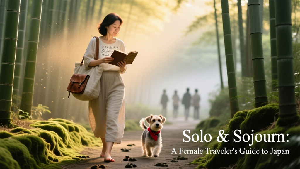 A solo female traveler walking through Arashiyama bamboo forest