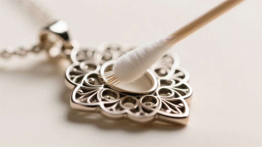 Cotton swabs dipped in mild polish gently cleaning the intricate filigree of a zinc-alloy pendant, macro lens, bright lighting.