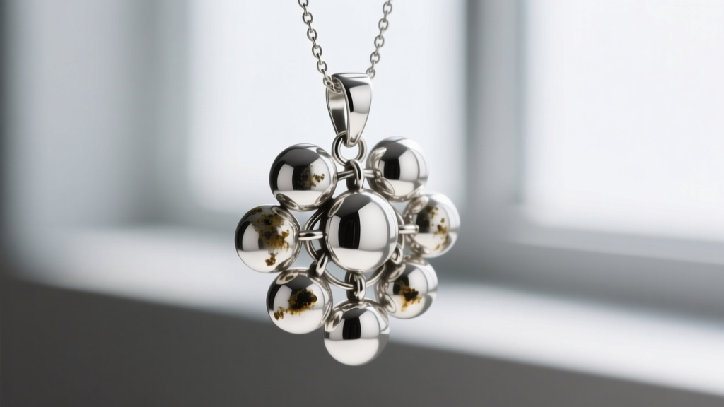 Side profile of a sterling silver cluster pendant showing tight gaps between charms where tarnish and skin oils accumulate