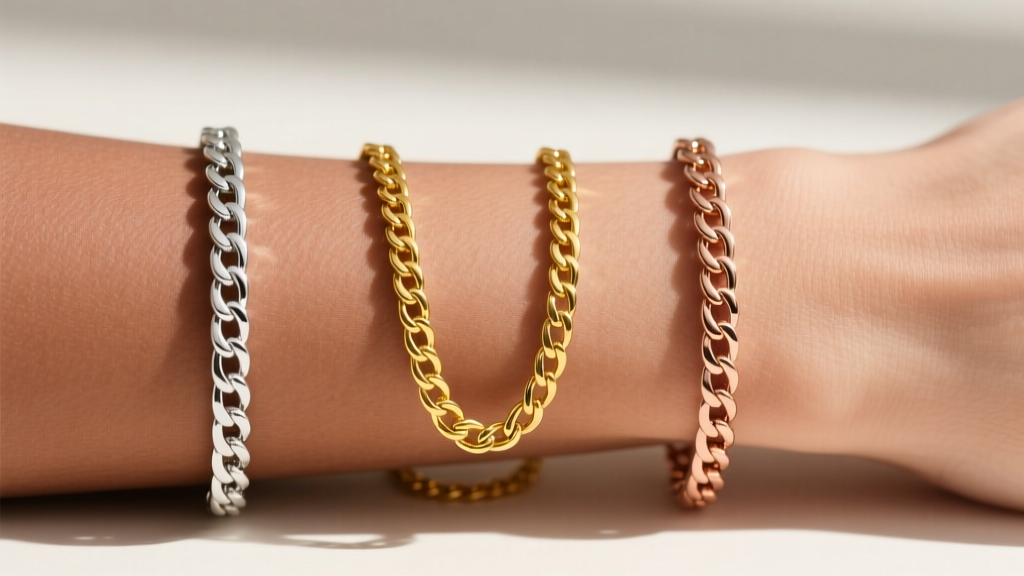 Macro shot of three chains: rhodium white gold, 18k yellow gold, and 14k rose gold on varied skin undertones in bright daylight.