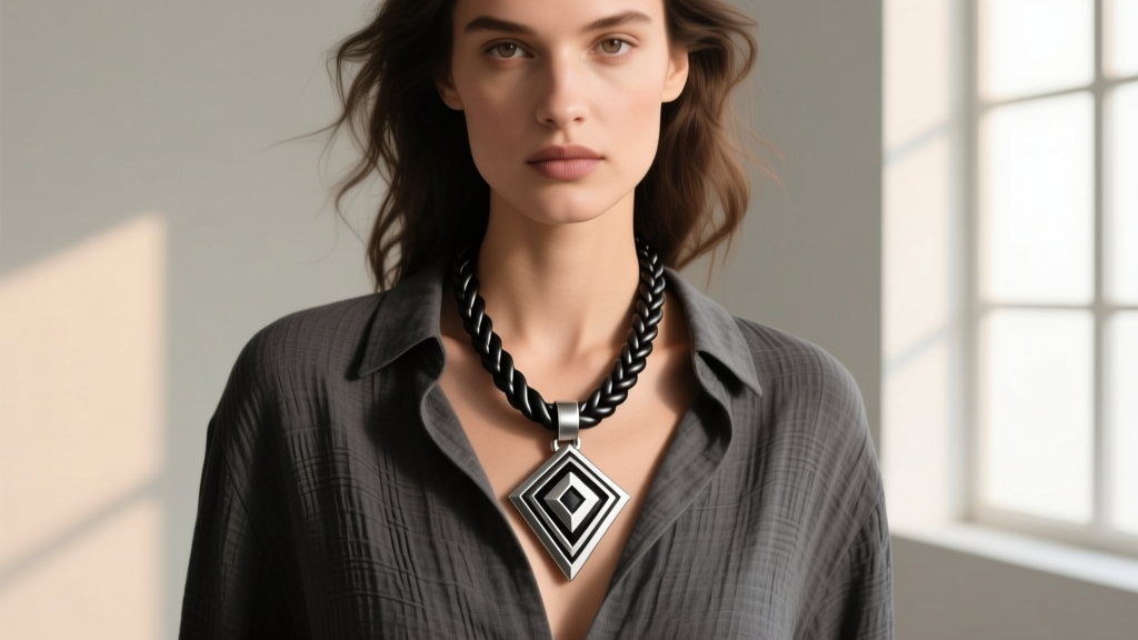 A model wearing a thick 5mm braided leather cord necklace with a large geometric Talos pendant over a charcoal linen shirt.