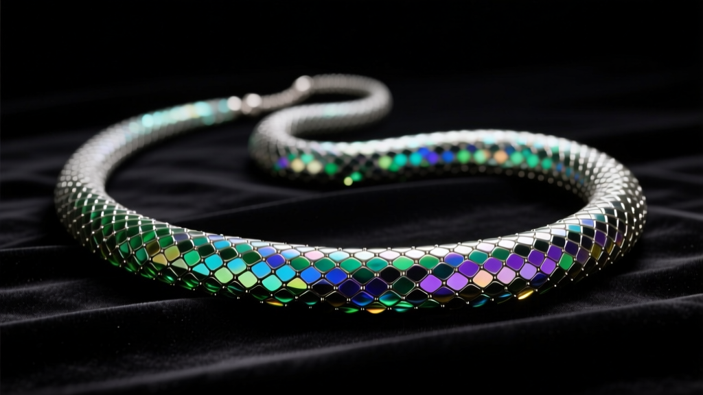 Beaded snake necklace draped on dark velvet, featuring iridescent Czech glass scales catching dramatic studio lighting
