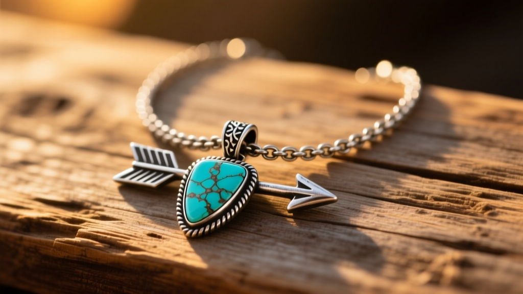 Oxidized sterling silver western charm necklace with a turquoise arrowhead pendant resting on rustic wood in warm sunset light.