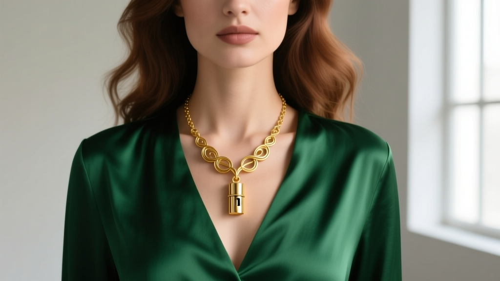 A woman wearing a layered 14k gold poison necklace with a small cylindrical secret compartment over a dark green silk blouse.