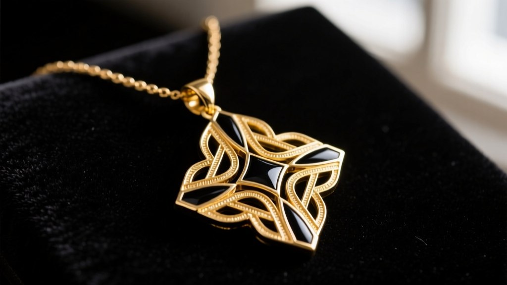 Close-up of 1928 Art Deco 14k solid gold filigree pendant necklace on dark velvet, showing geometric black enamel inlay details.