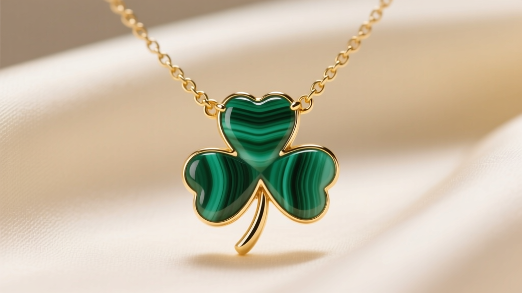 Close-up of an 18k gold green clover necklace with banded malachite on cream silk, softly lit to show stone depth.