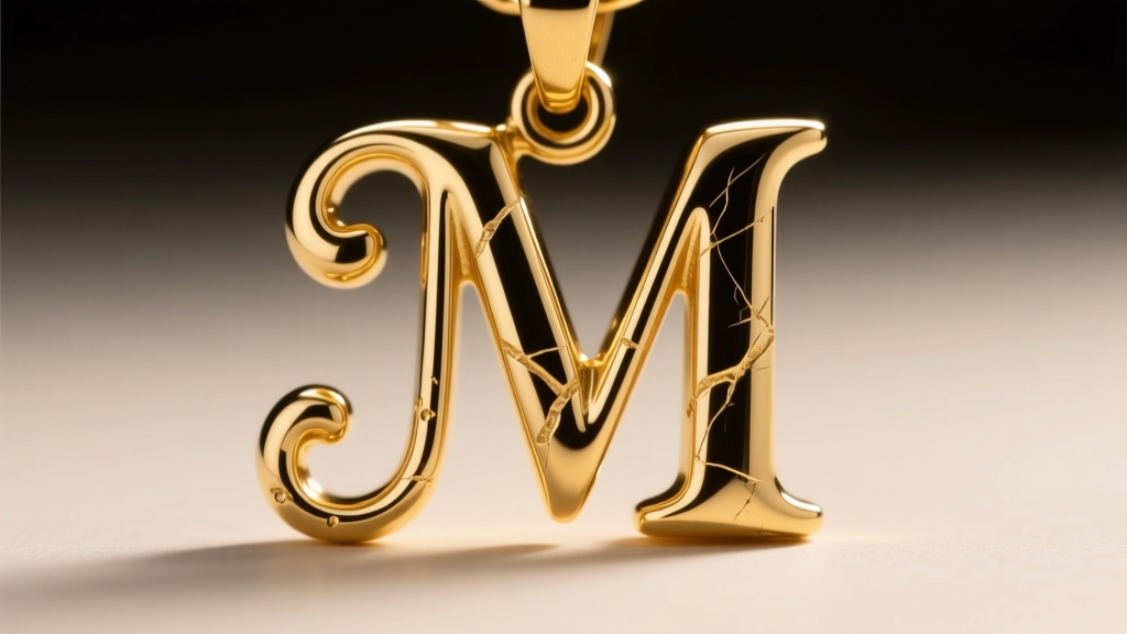 Close-up of a bent serif on a 24k gold letter M pendant, showing stress marks and soft deformation under harsh studio lighting
