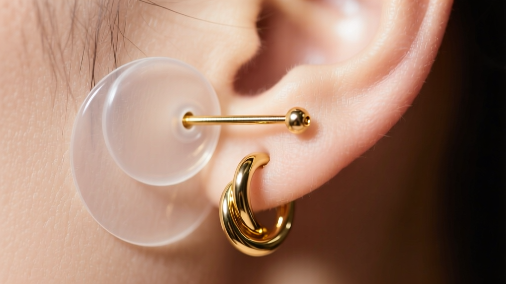 Macro shot of a transparent polyurethane earlobe support patch being applied behind a heavy 18-gauge gold knot earring post.