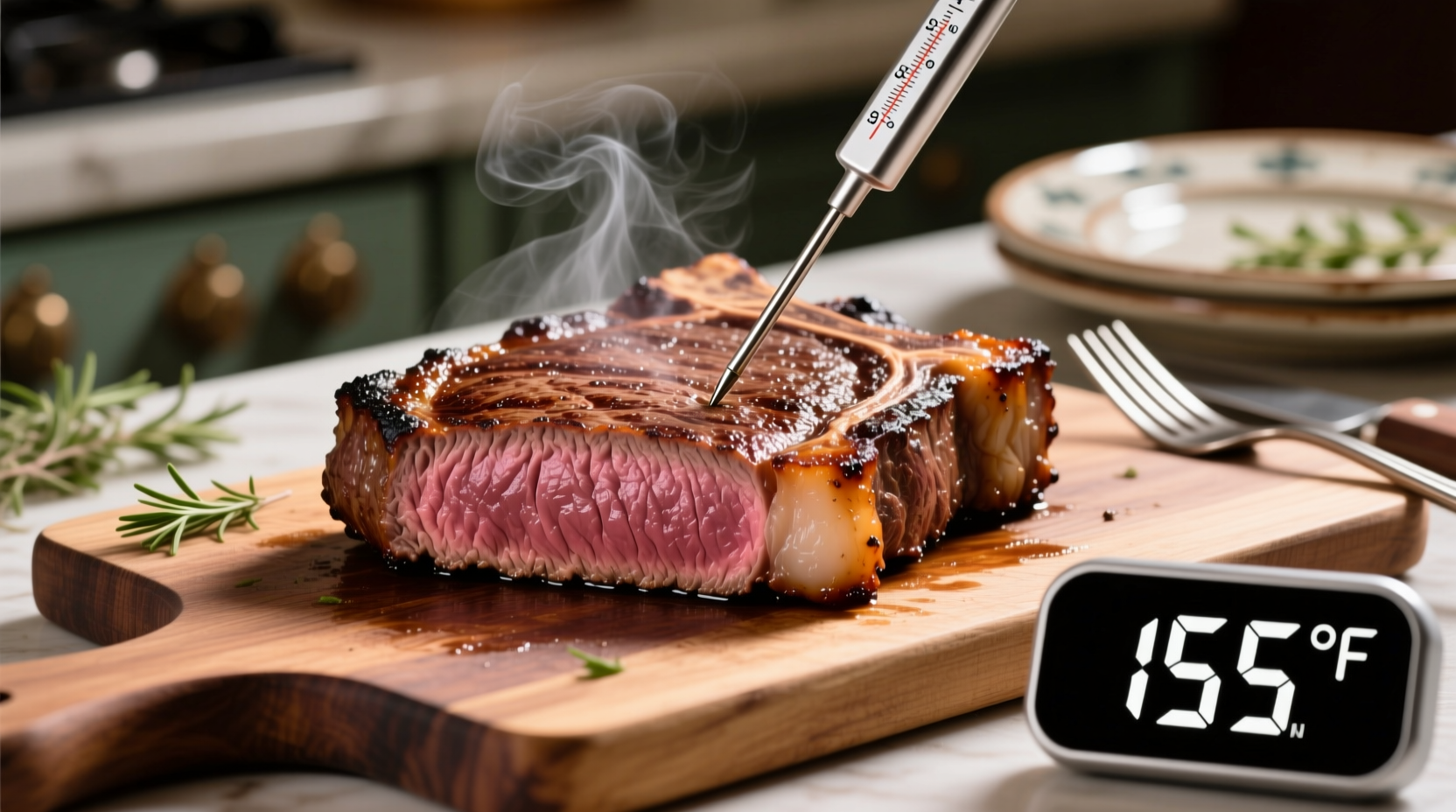 Medium well steak with thermometer showing 155 degrees