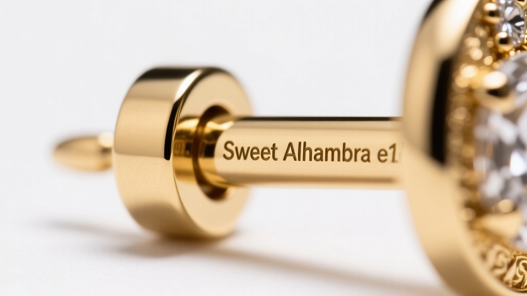 High-resolution macro view of hallmarks and laser-engraved serial number on the post of an 18k gold Sweet Alhambra earring.