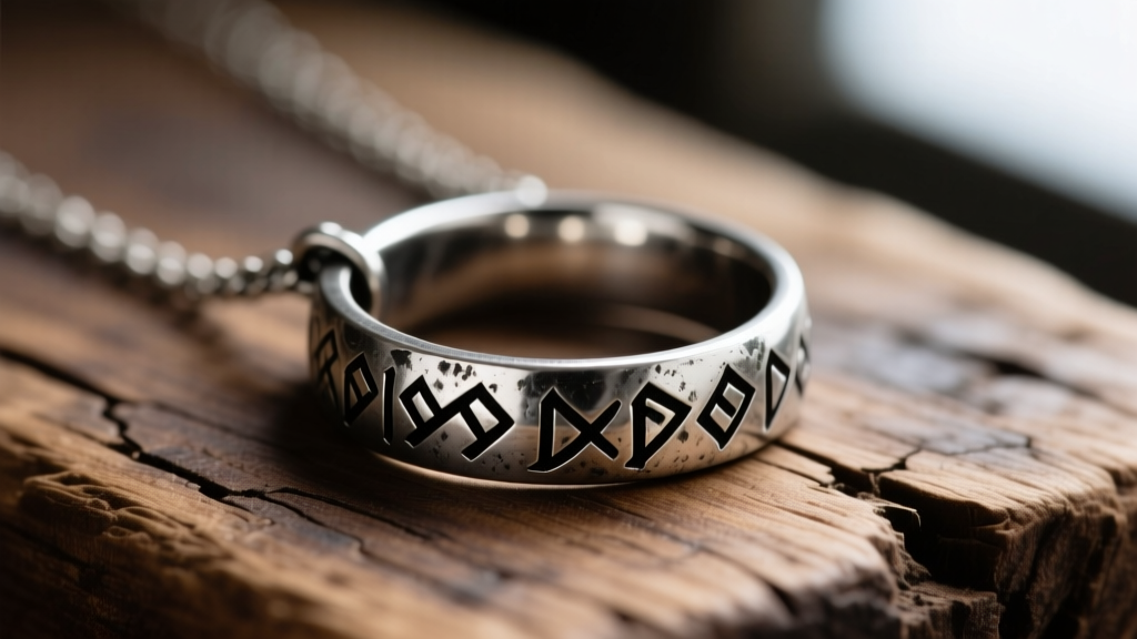 Macro shot of an antiqued silver One Ring necklace showing blackened Elvish engravings, resting on a rustic wood surface.