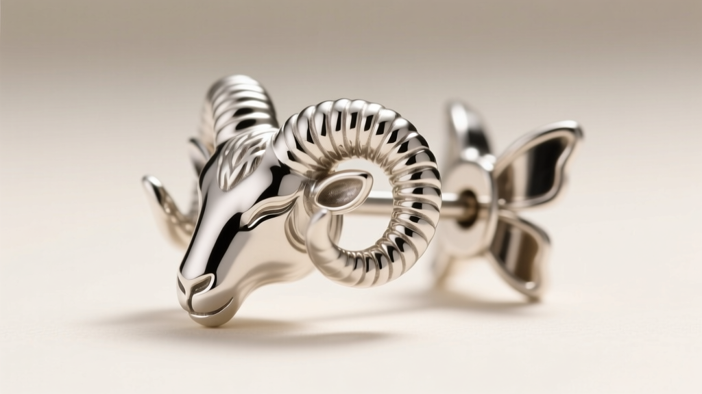 Macro shot of a sterling silver kissing ram stud earring, highlighting detailed horn textures and a secure metal butterfly clutch