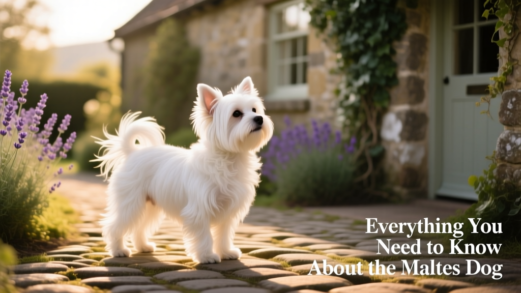 A fluffy white Maltese dog standing outside, the wind blowing through its long fur