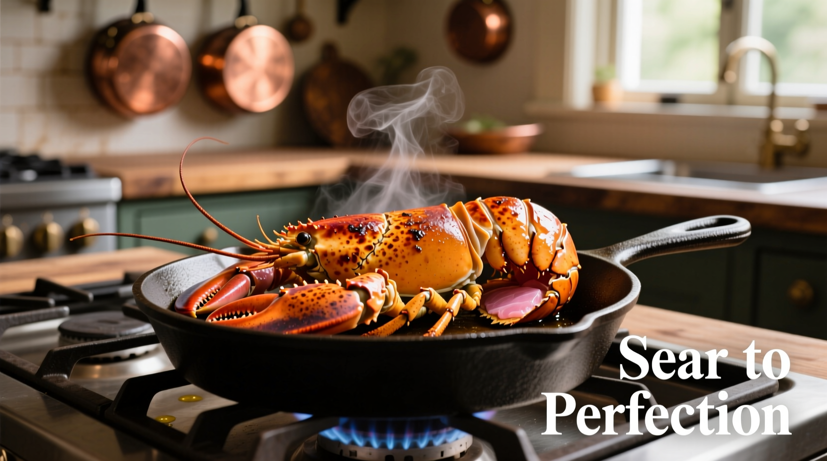 Perfectly seared lobster tail on stove