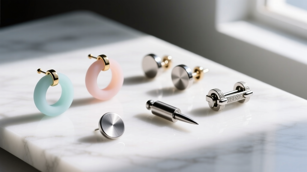 Earring backs on a marble surface, including silicone O-rings, titanium flat-back labrets, and locking clutches with soft shadows.