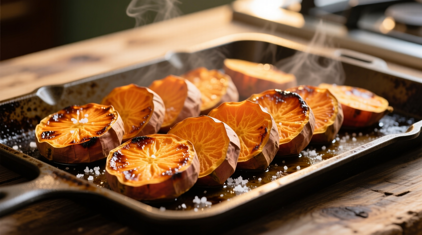 Golden roasted sweet potato slices on baking sheet