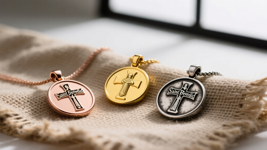 Flat lay of three Saint Benedict pendants in rose gold, yellow gold, and oxidized silver, arranged on textured raw linen fabric.