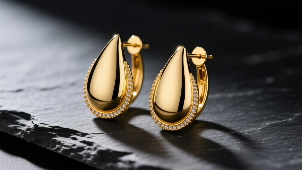 Close-up of 14k solid yellow gold teardrop earrings resting on dark slate, soft directional light highlighting polished finish.