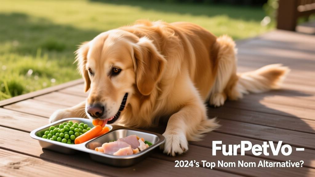 A golden retriever happily eating from a FurPetVo meal tray with visible vegetables and lean meat