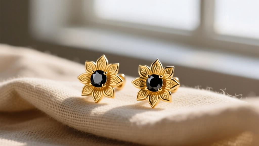 Macro photo of a pair of 14k yellow gold sunflower stud earrings with black diamond centers resting on a textured linen cloth.