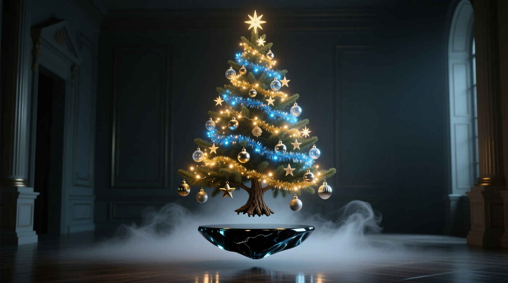 how to make a floating illusion of a levitating christmas tree with lights and stands