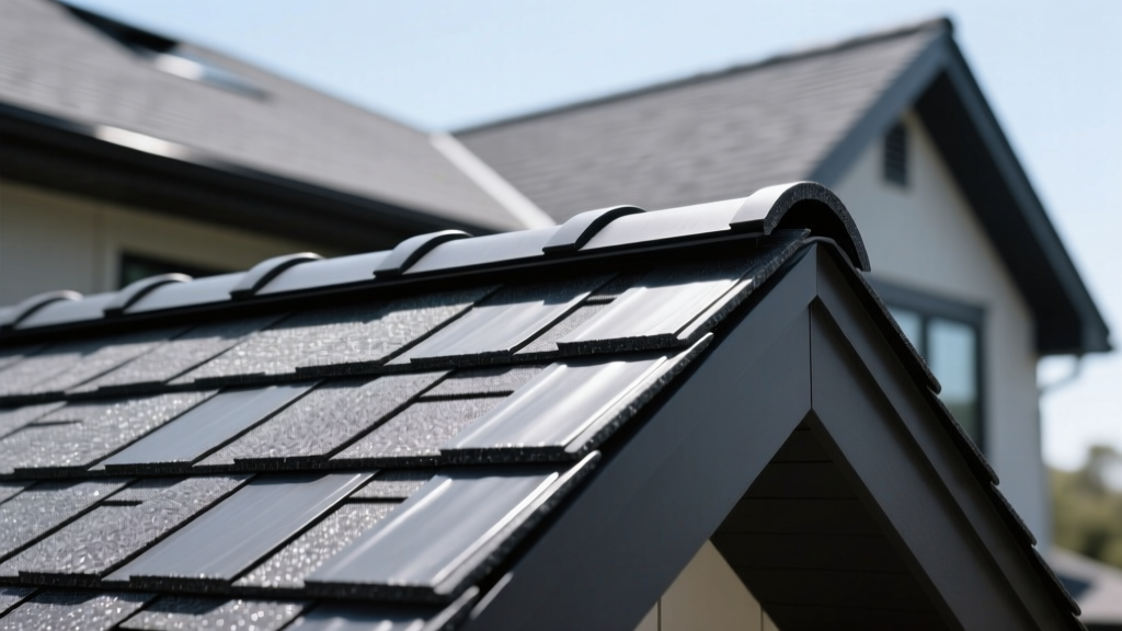 Close-up of dark gray DaVinci synthetic slate shingles installed on a steep-pitch luxury home roof under bright clear sunlight
