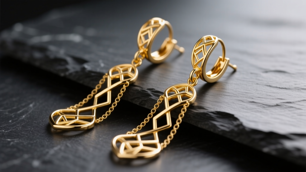 18k solid gold long dangle earrings on dark slate, softly lit to highlight intricate filigree links and a polished metallic finish