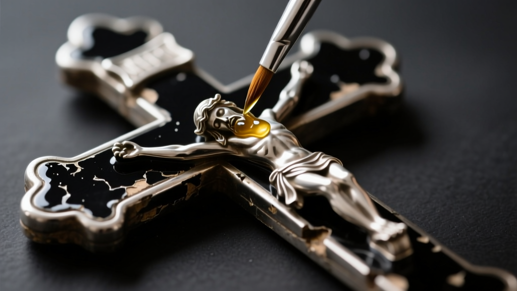 Macro shot of a micro-brush applying conservation resin to flaking black enamel on an antique silver crucifix under bright light.