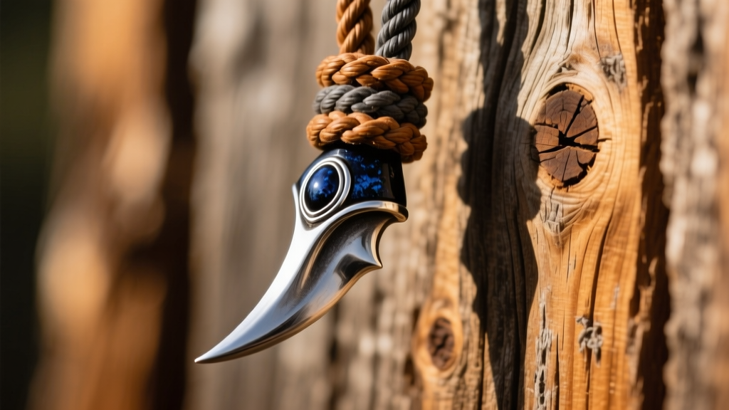 Polished wild turkey spur capped with oxidized sterling silver, hanging from a braided leather cord against a rustic wooden backdrop