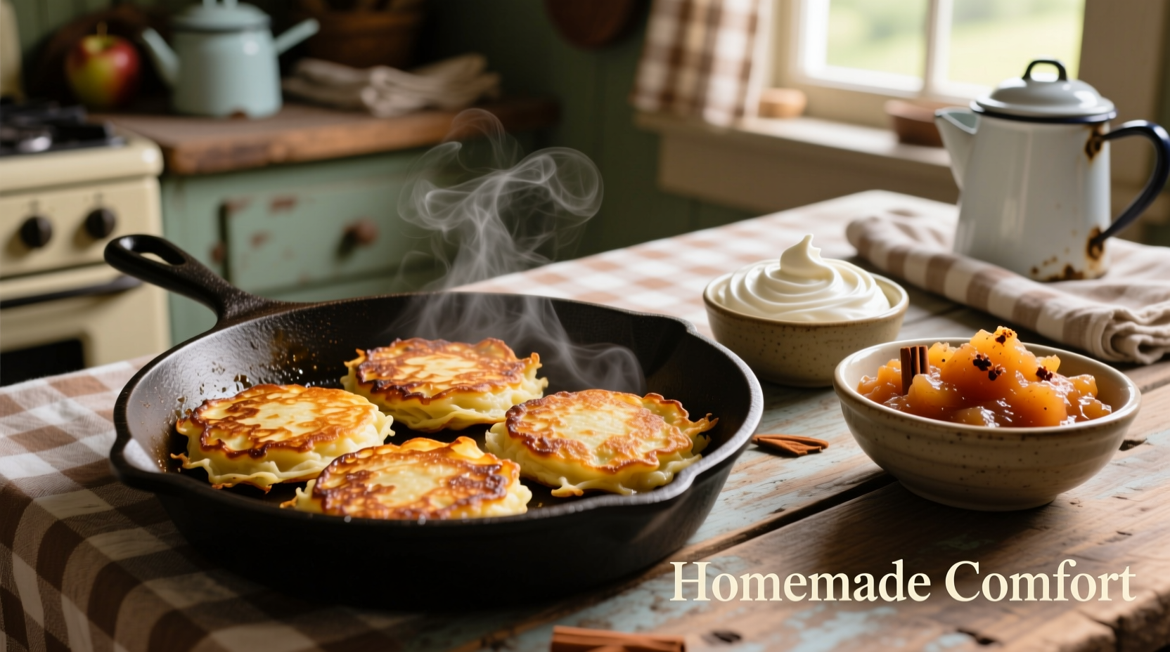 Crispy golden potato pancakes served with sour cream and applesauce